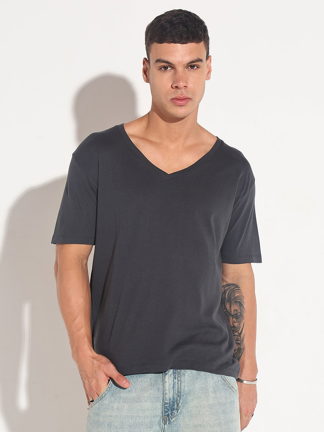 Men's Grey V-Neck Regular Fit T-Shirt