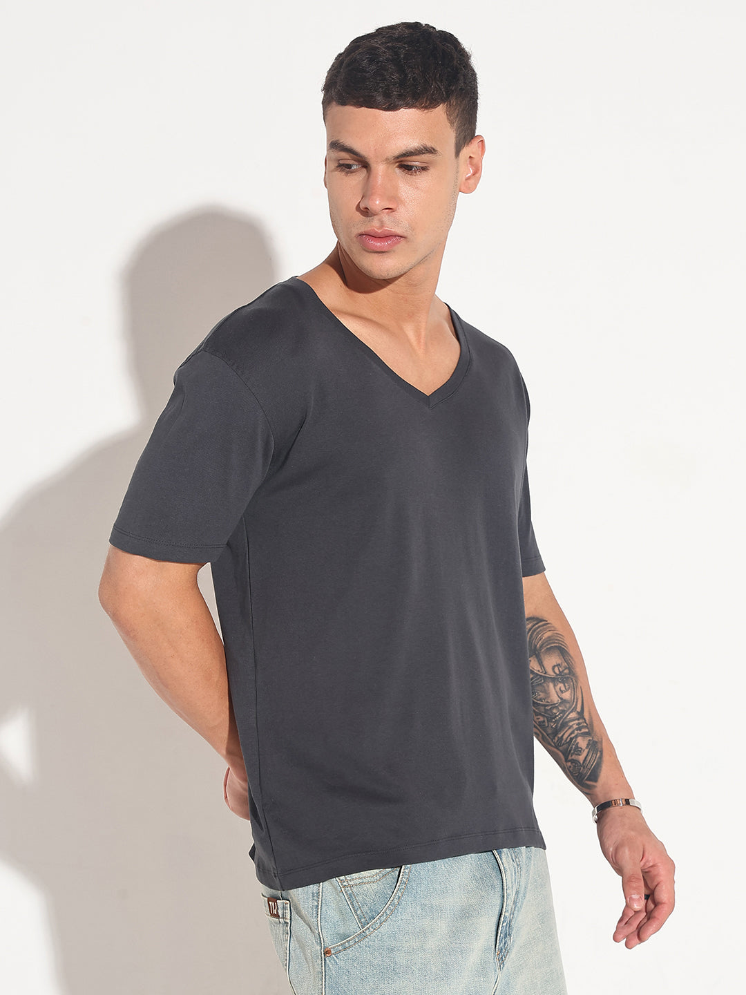 Men's Grey V-Neck Regular Fit T-Shirt