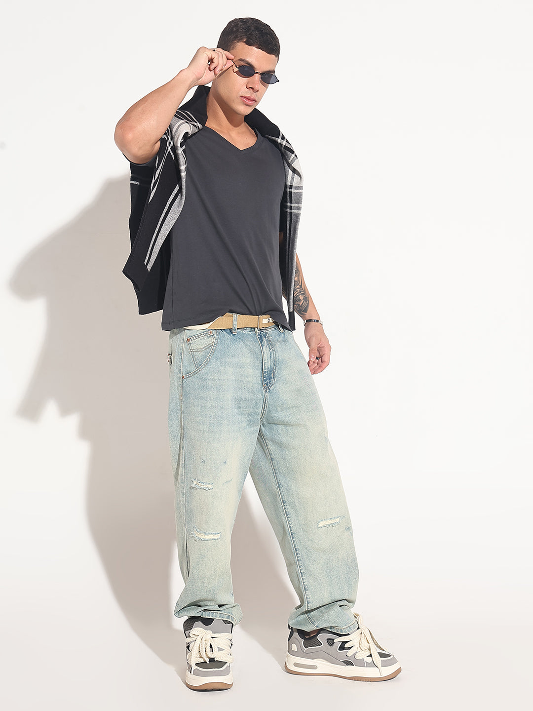 Men's Grey V-Neck Regular Fit T-Shirt