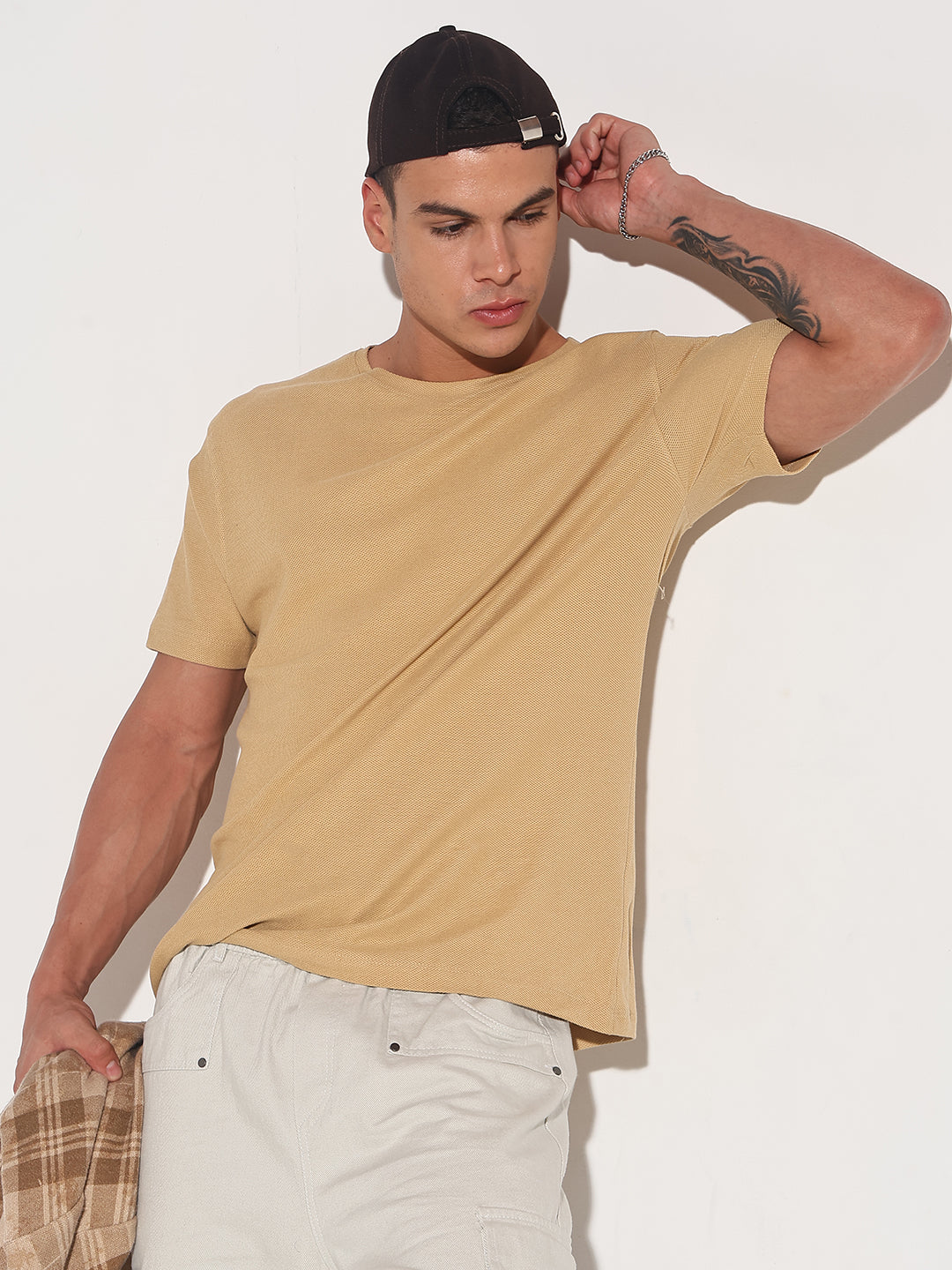 Men's Beige Round Neck Regular Fit T-Shirt