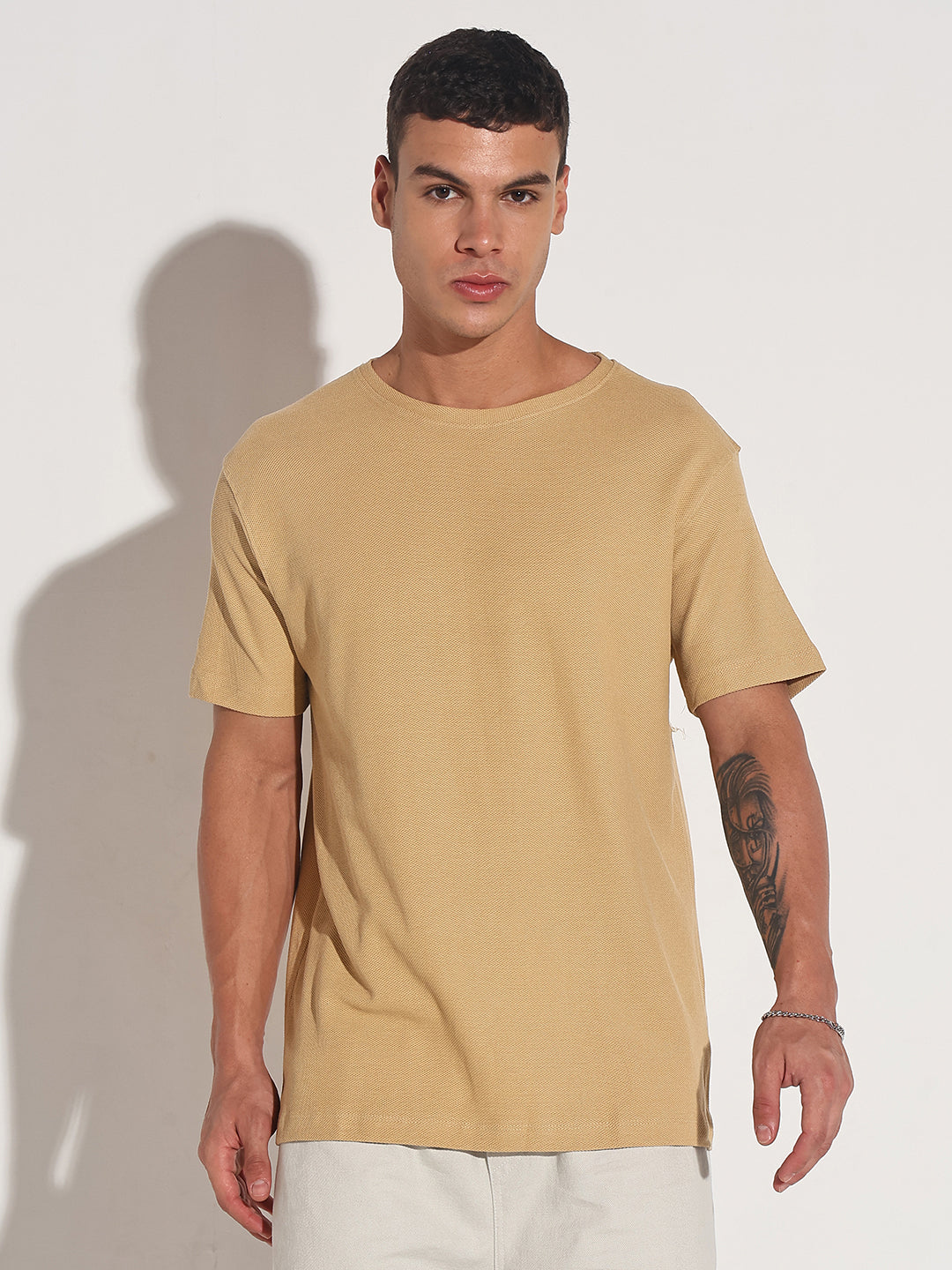 Men's Beige Round Neck Regular Fit T-Shirt