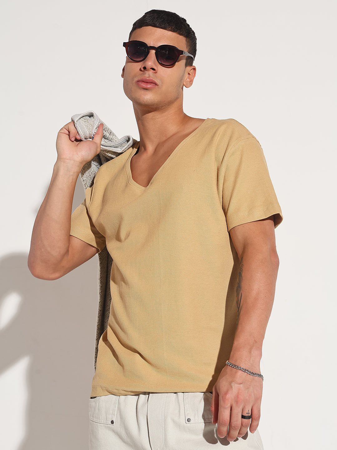 Men's Beige V-Neck Regular Fit T-Shirt