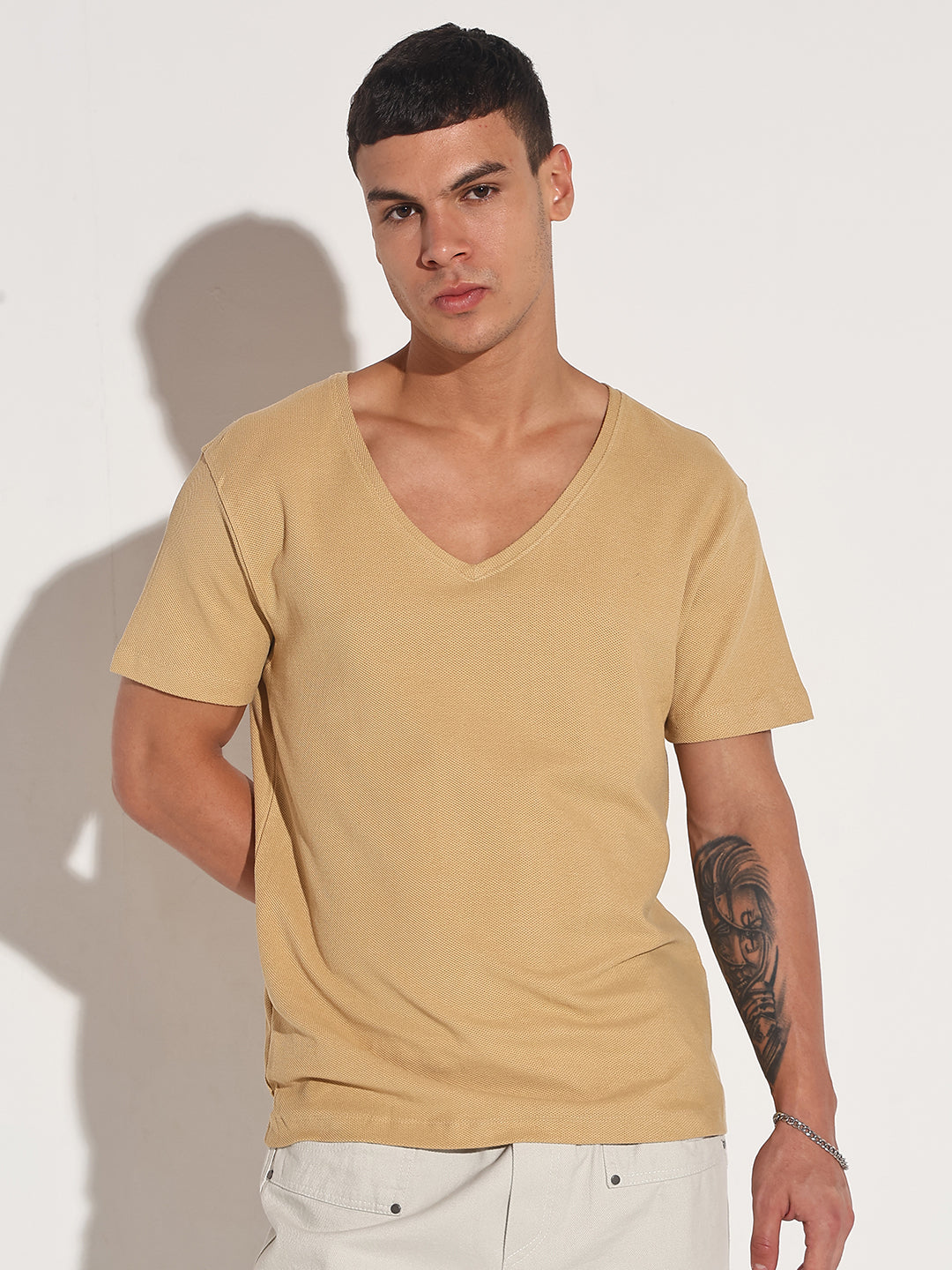 Men's Beige V-Neck Regular Fit T-Shirt