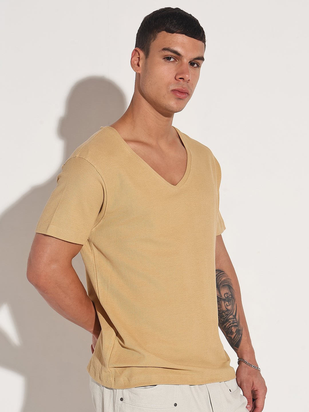 Men's Beige V-Neck Regular Fit T-Shirt