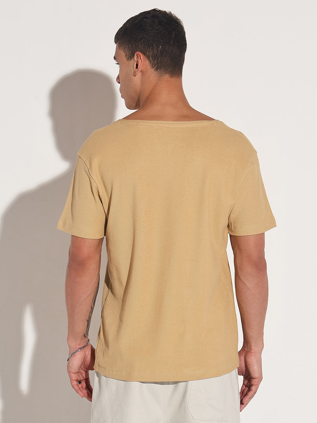 Men's Beige V-Neck Regular Fit T-Shirt