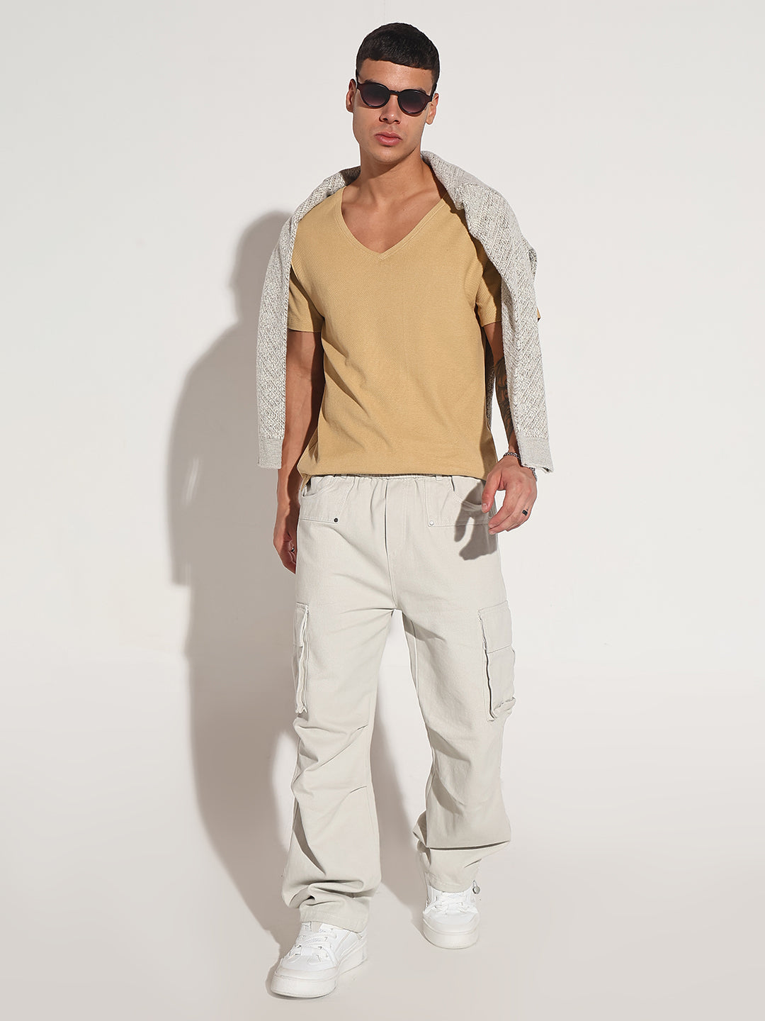 Men's Beige V-Neck Regular Fit T-Shirt