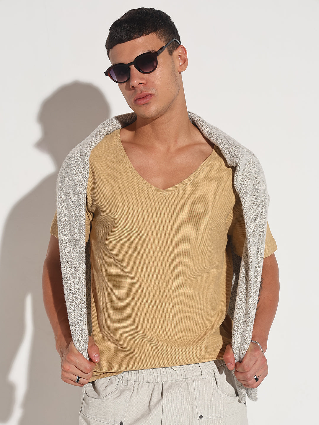 Men's Beige V-Neck Regular Fit T-Shirt
