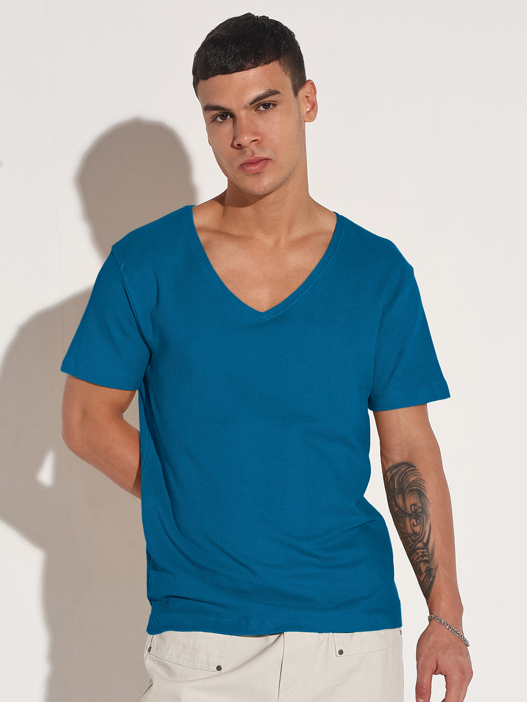 Men's Blue V-Neck Regular Fit T-Shirt
