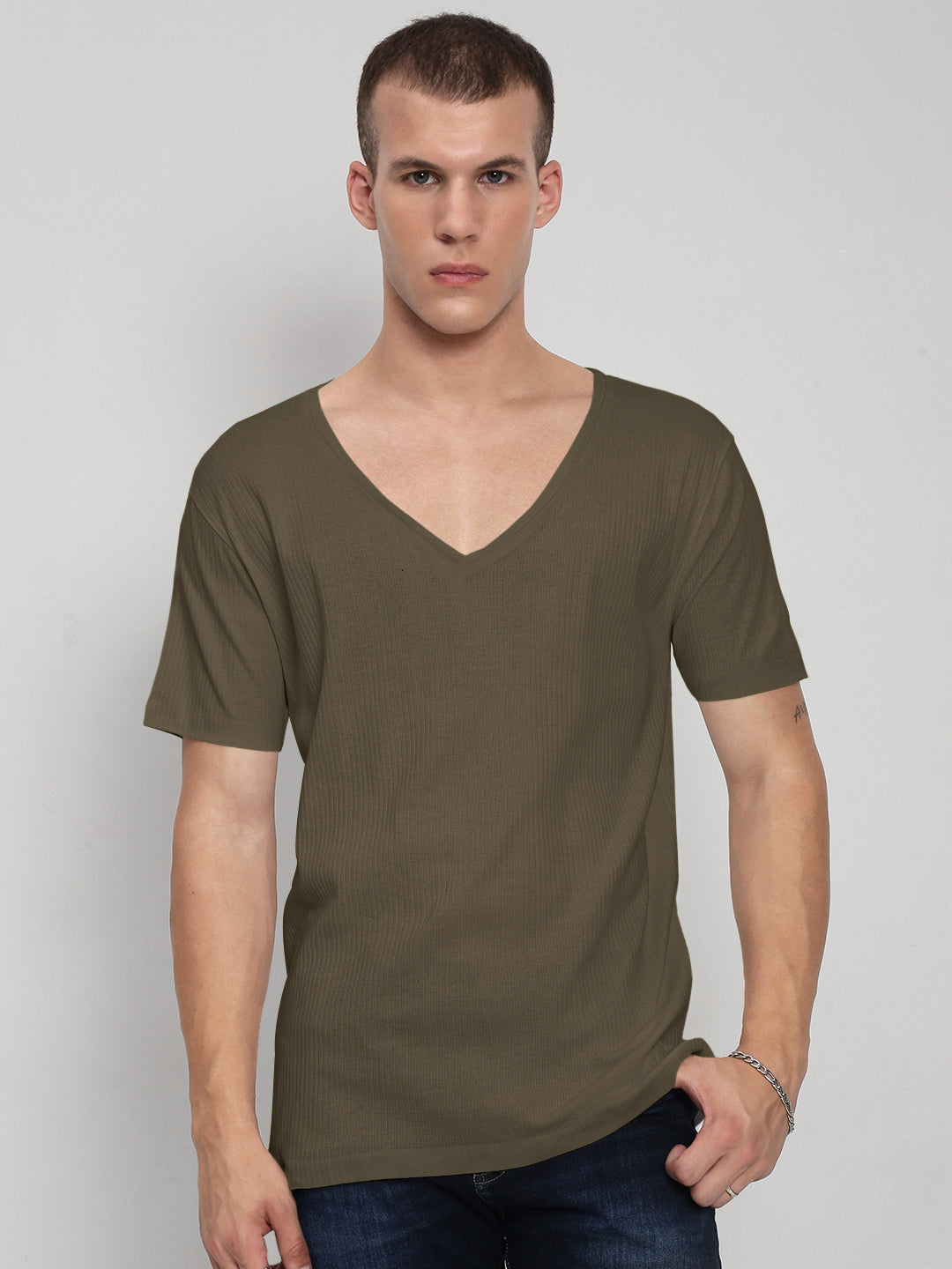 Men's Olive V-Neck Regular Fit T-Shirt