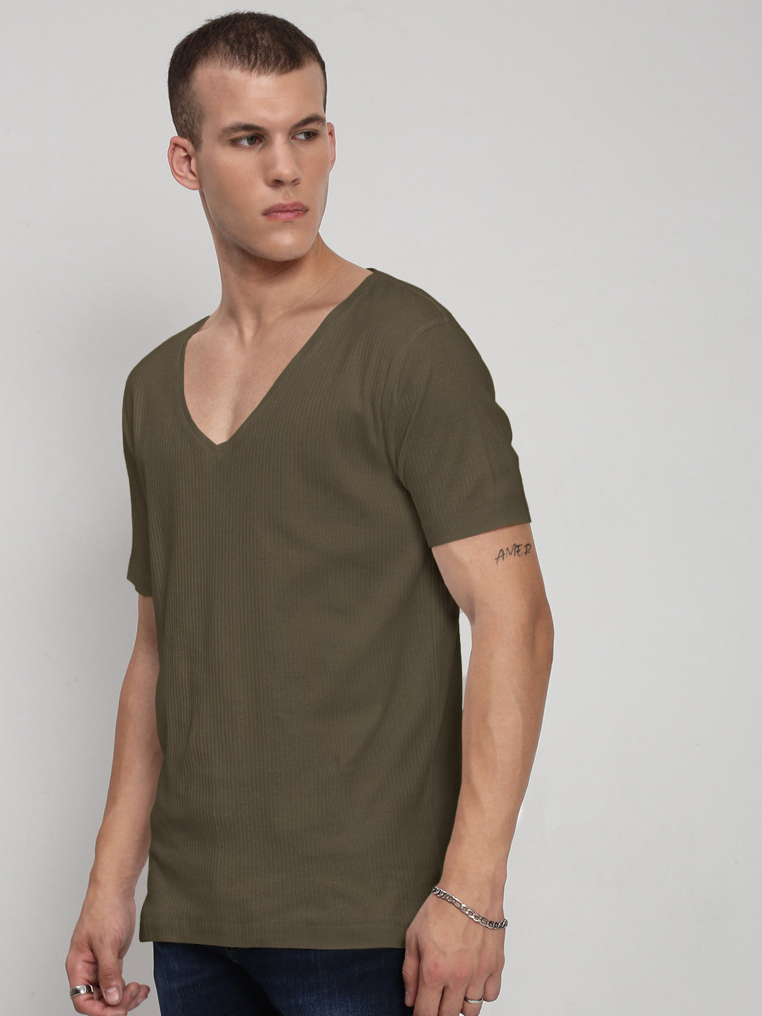 Men's Olive V-Neck Regular Fit T-Shirt