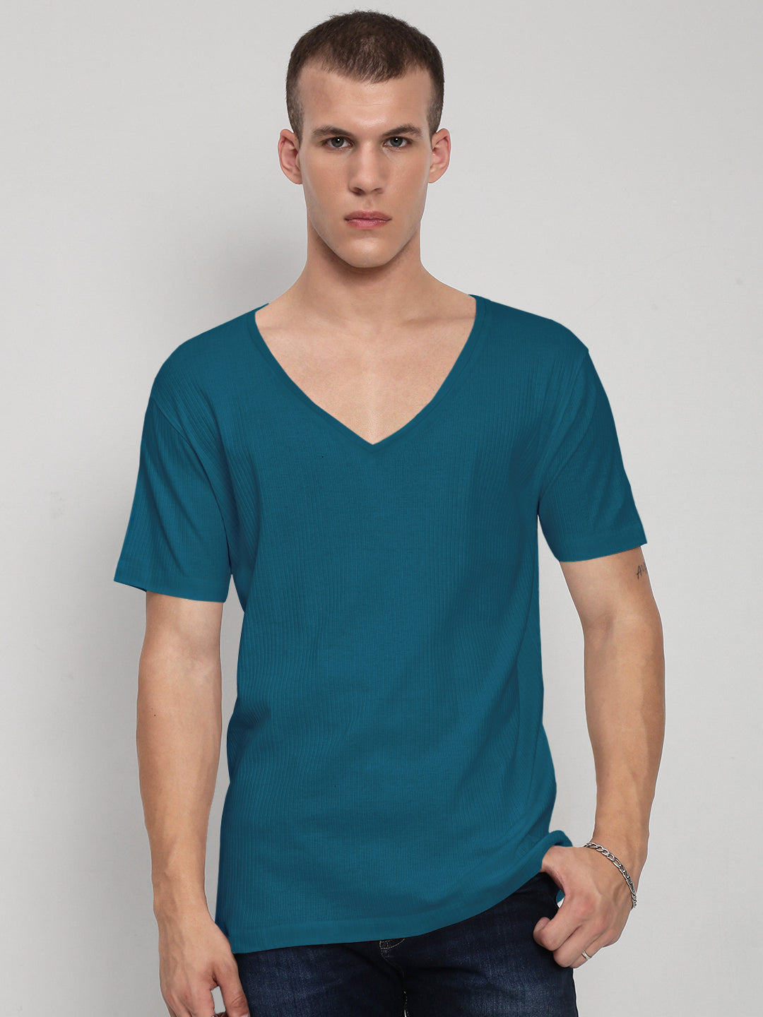Men's Teal V-Neck Regular Fit T-Shirt