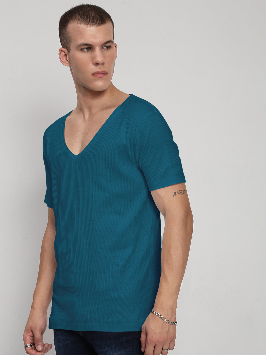 Men's Teal V-Neck Regular Fit T-Shirt