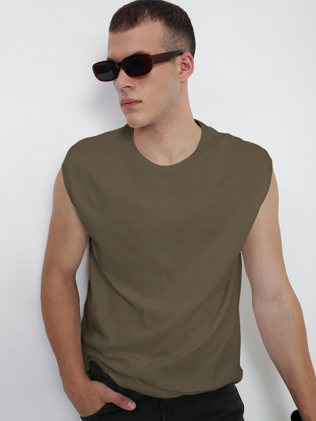 Men's Olive Round Neck Regular Fit Sleeveless T-Shirt