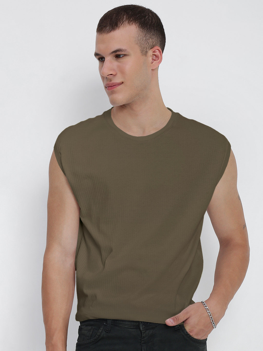Men's Olive Round Neck Regular Fit Sleeveless T-Shirt