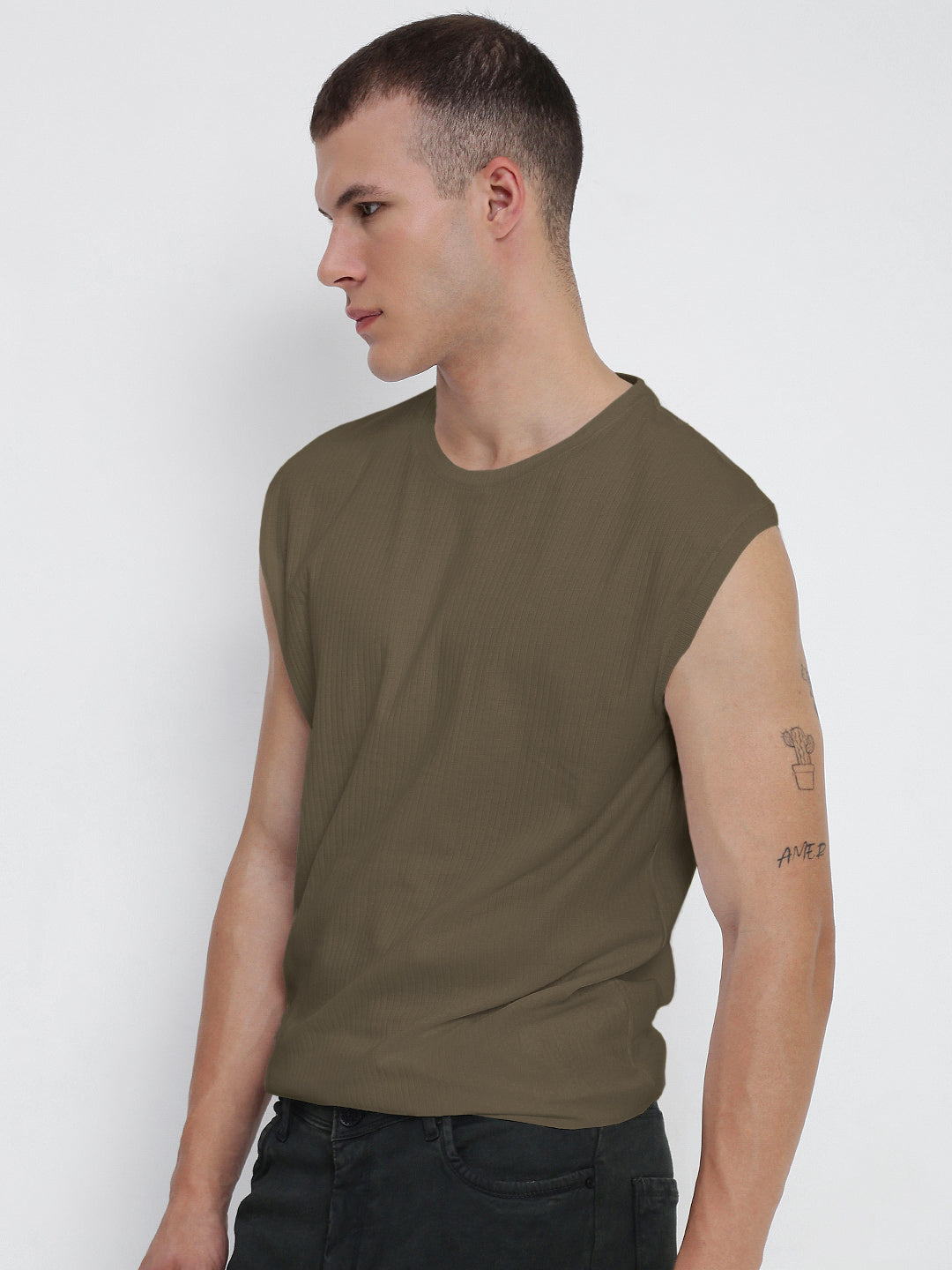 Men's Olive Round Neck Regular Fit Sleeveless T-Shirt