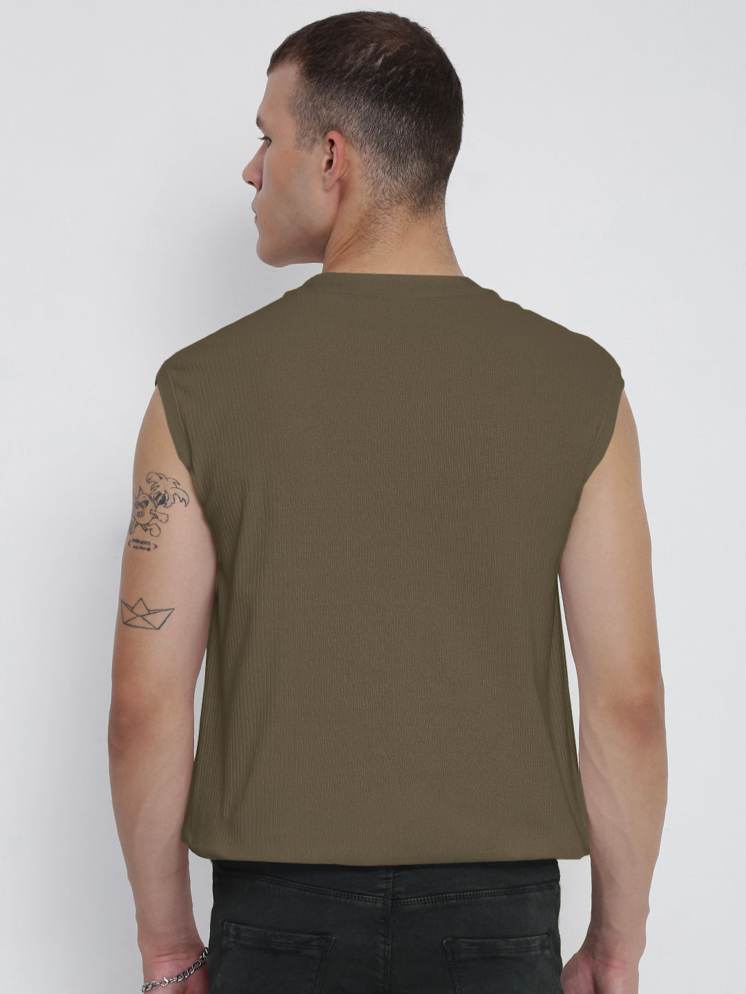 Men's Olive Round Neck Regular Fit Sleeveless T-Shirt