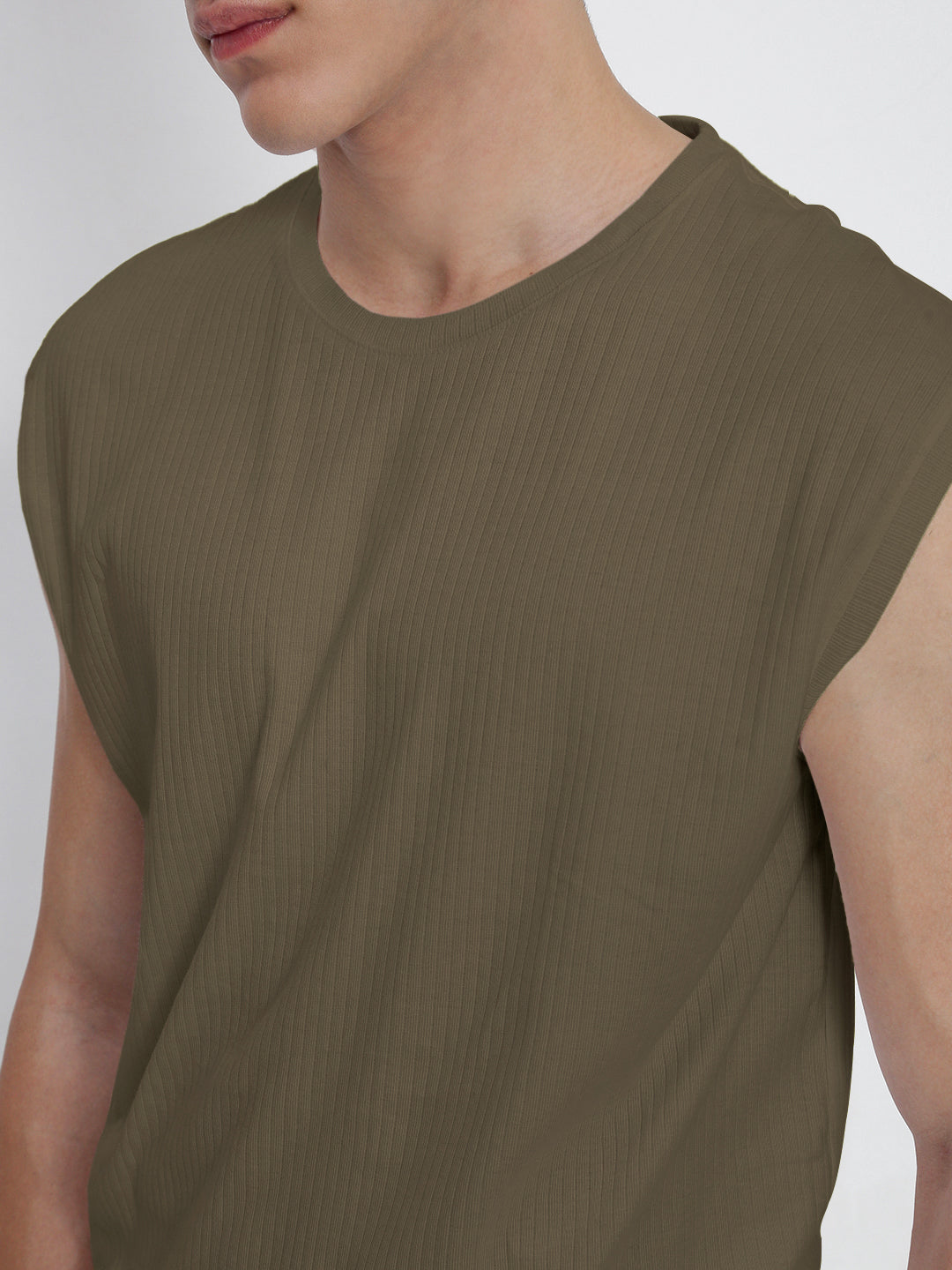 Men's Olive Round Neck Regular Fit Sleeveless T-Shirt