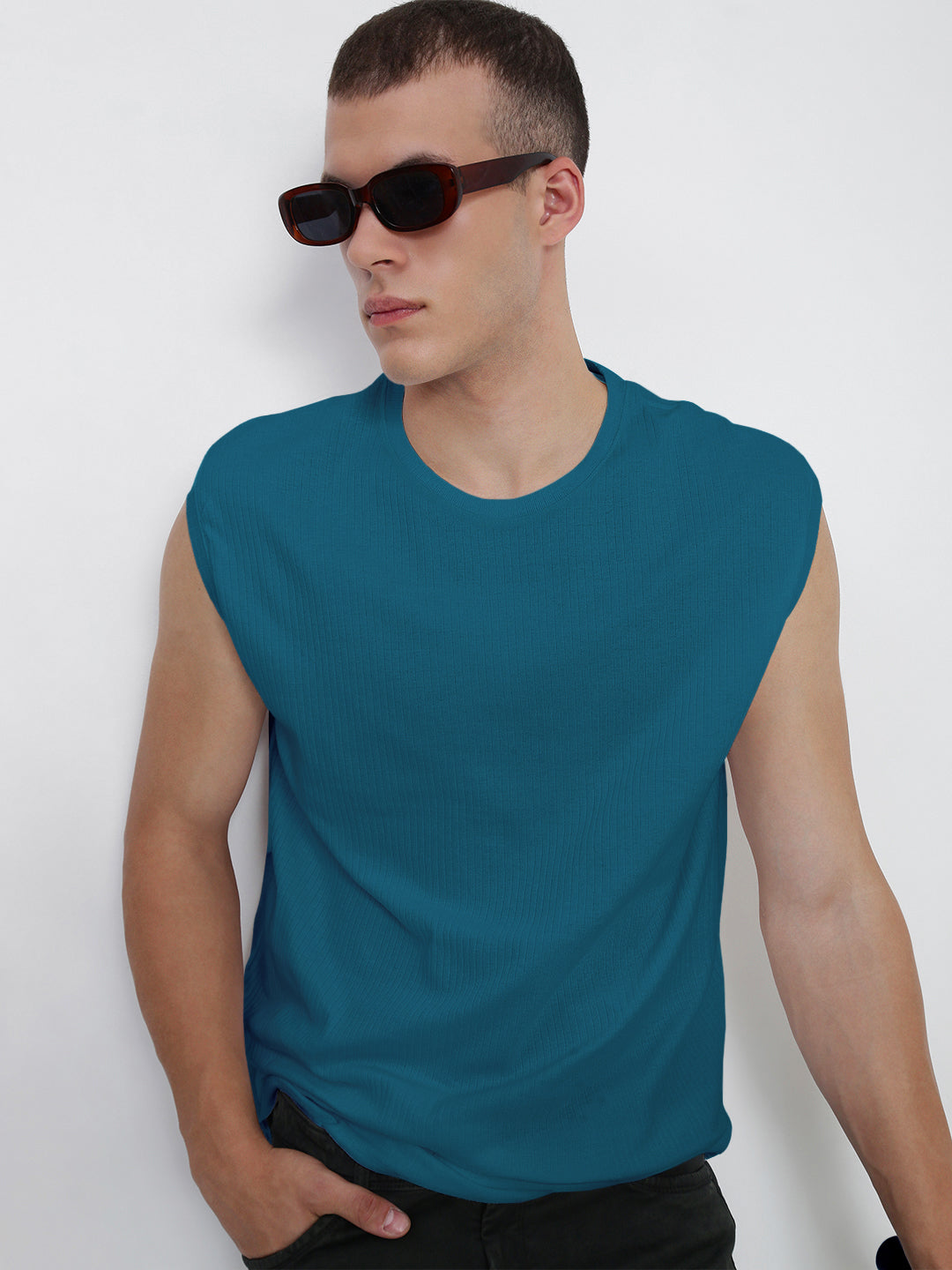 Men's Teal Round Neck Regular Fit Sleeveless T-Shirt