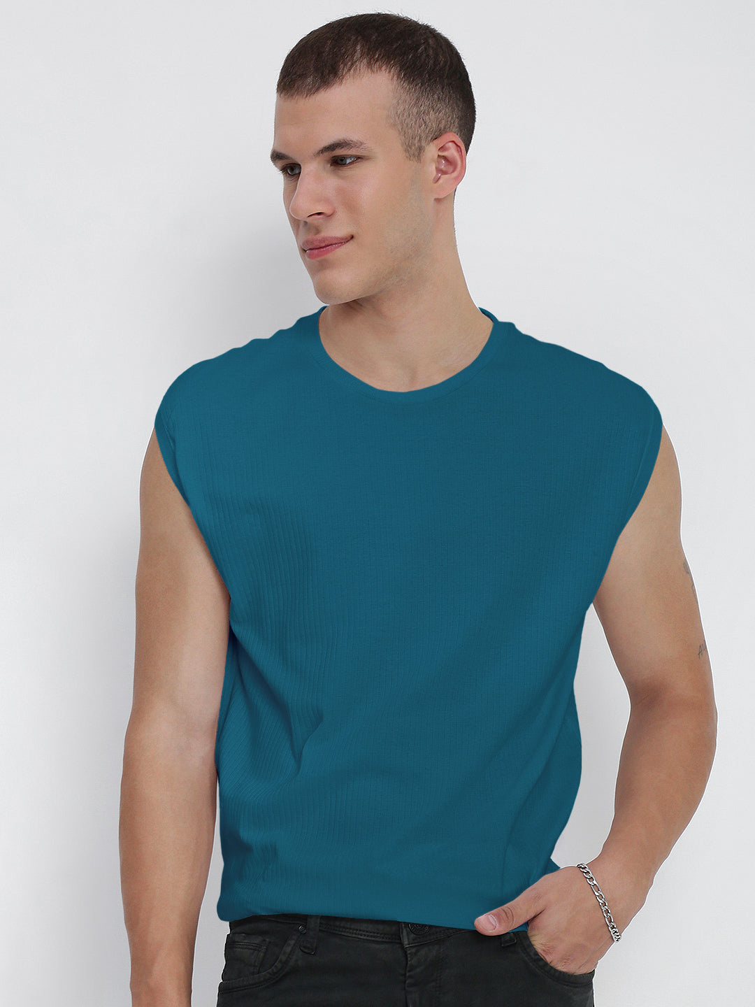 Men's Teal Round Neck Regular Fit Sleeveless T-Shirt