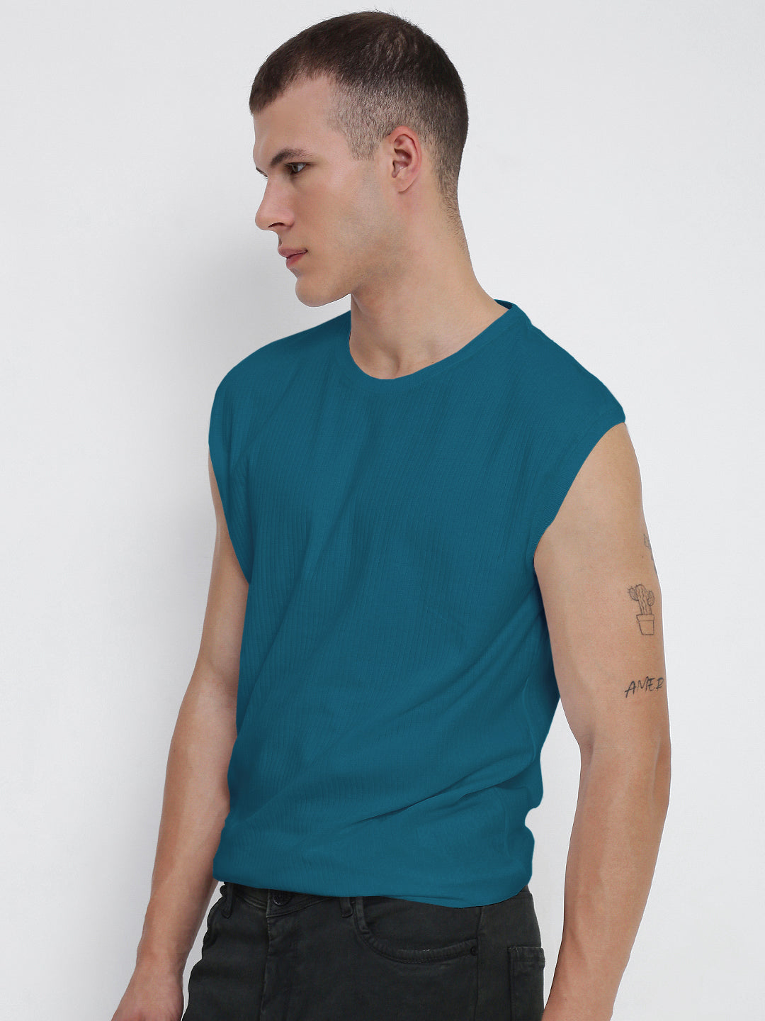 Men's Teal Round Neck Regular Fit Sleeveless T-Shirt