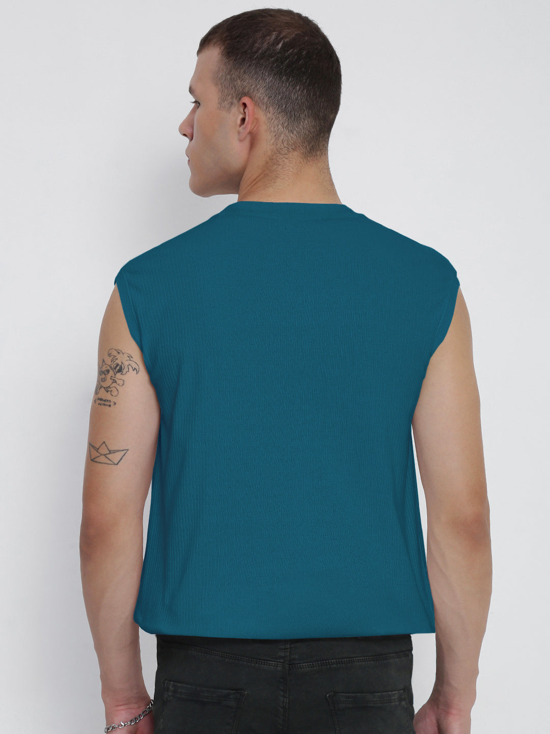 Men's Teal Round Neck Regular Fit Sleeveless T-Shirt