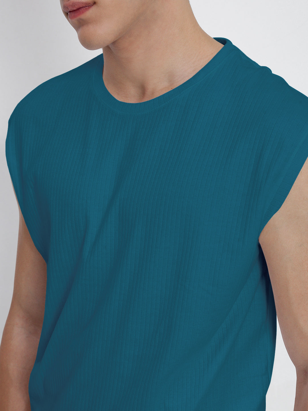 Men's Teal Round Neck Regular Fit Sleeveless T-Shirt