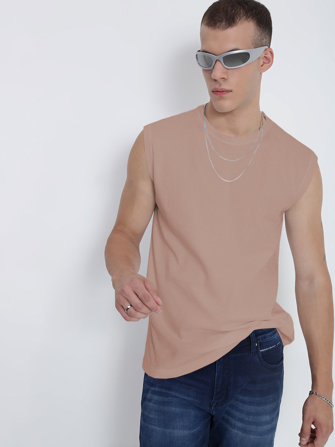 Men's Mauve Sleeveless Round Neck Regular Fit T-Shirt