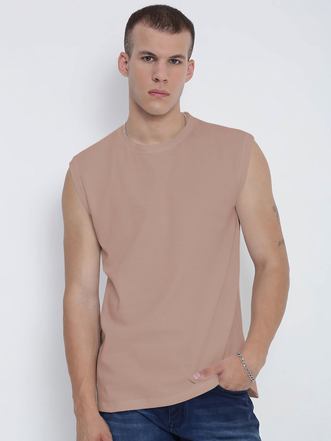Men's Mauve Sleeveless Round Neck Regular Fit T-Shirt