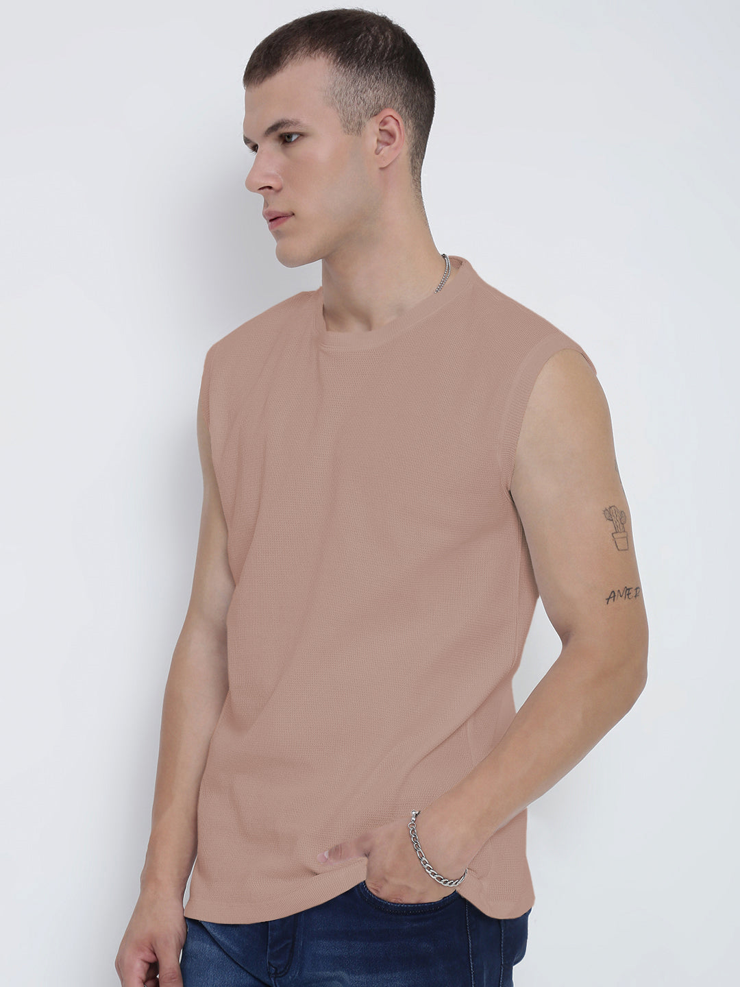 Men's Mauve Sleeveless Round Neck Regular Fit T-Shirt