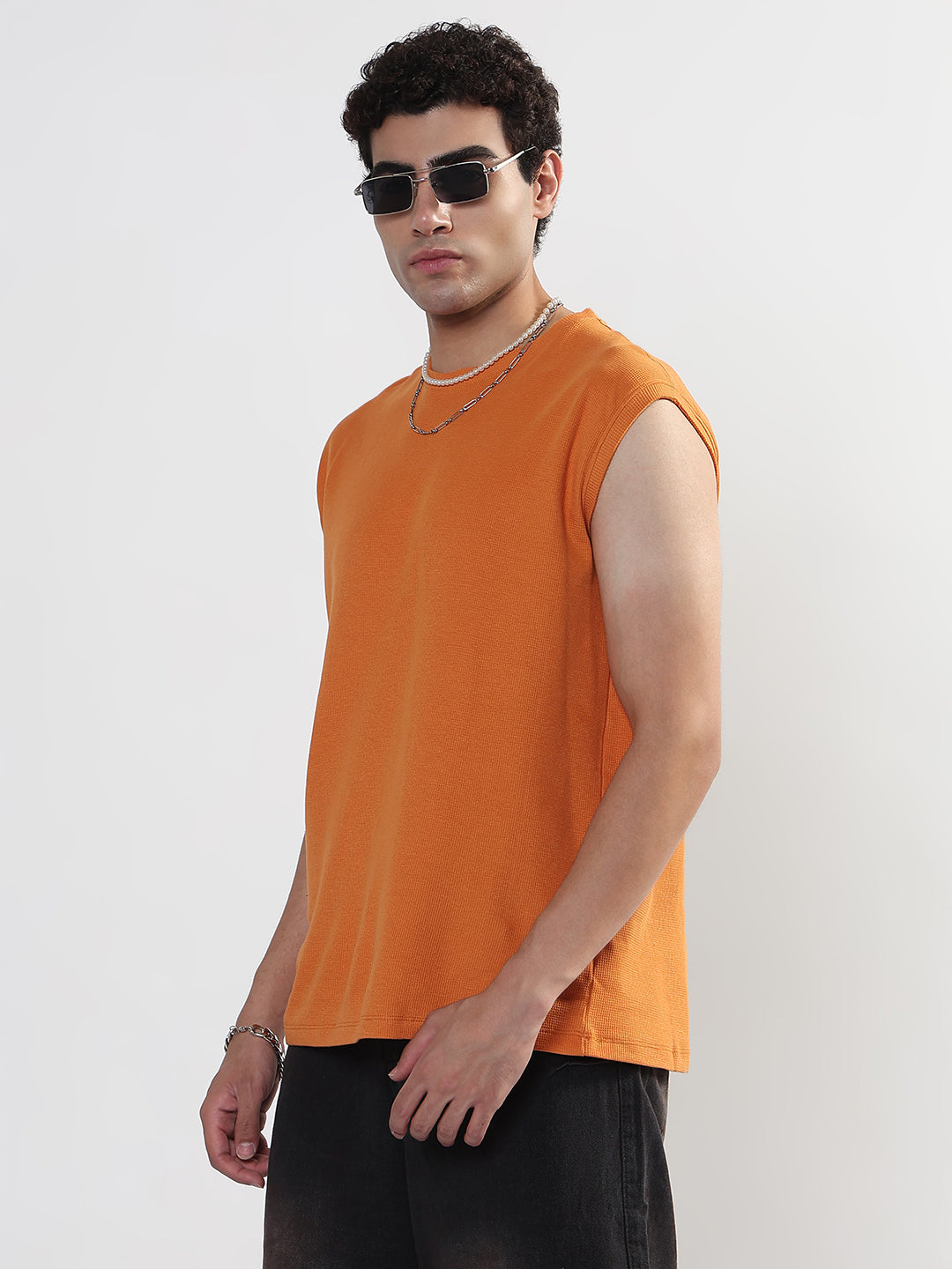 Men's Orange Relaxed Fit Sleeveless Muscled Tank T-Shirt