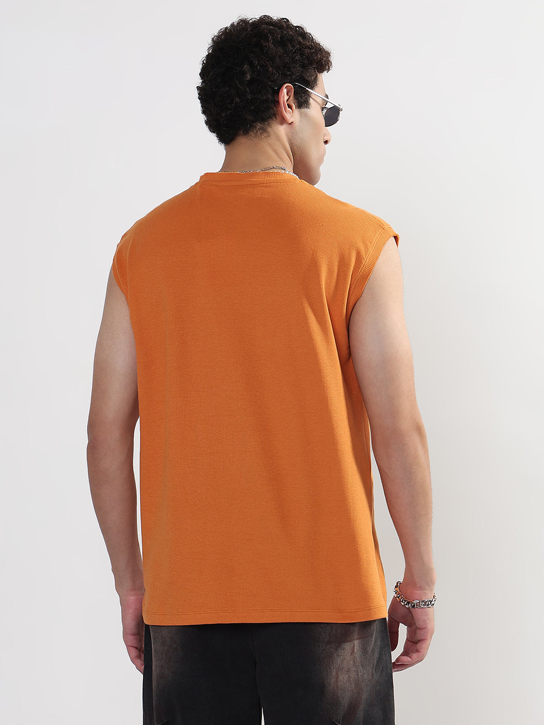 Men's Orange Relaxed Fit Sleeveless Muscled Tank T-Shirt