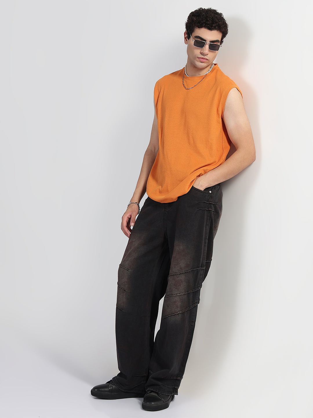 Men's Orange Relaxed Fit Sleeveless Muscled Tank T-Shirt