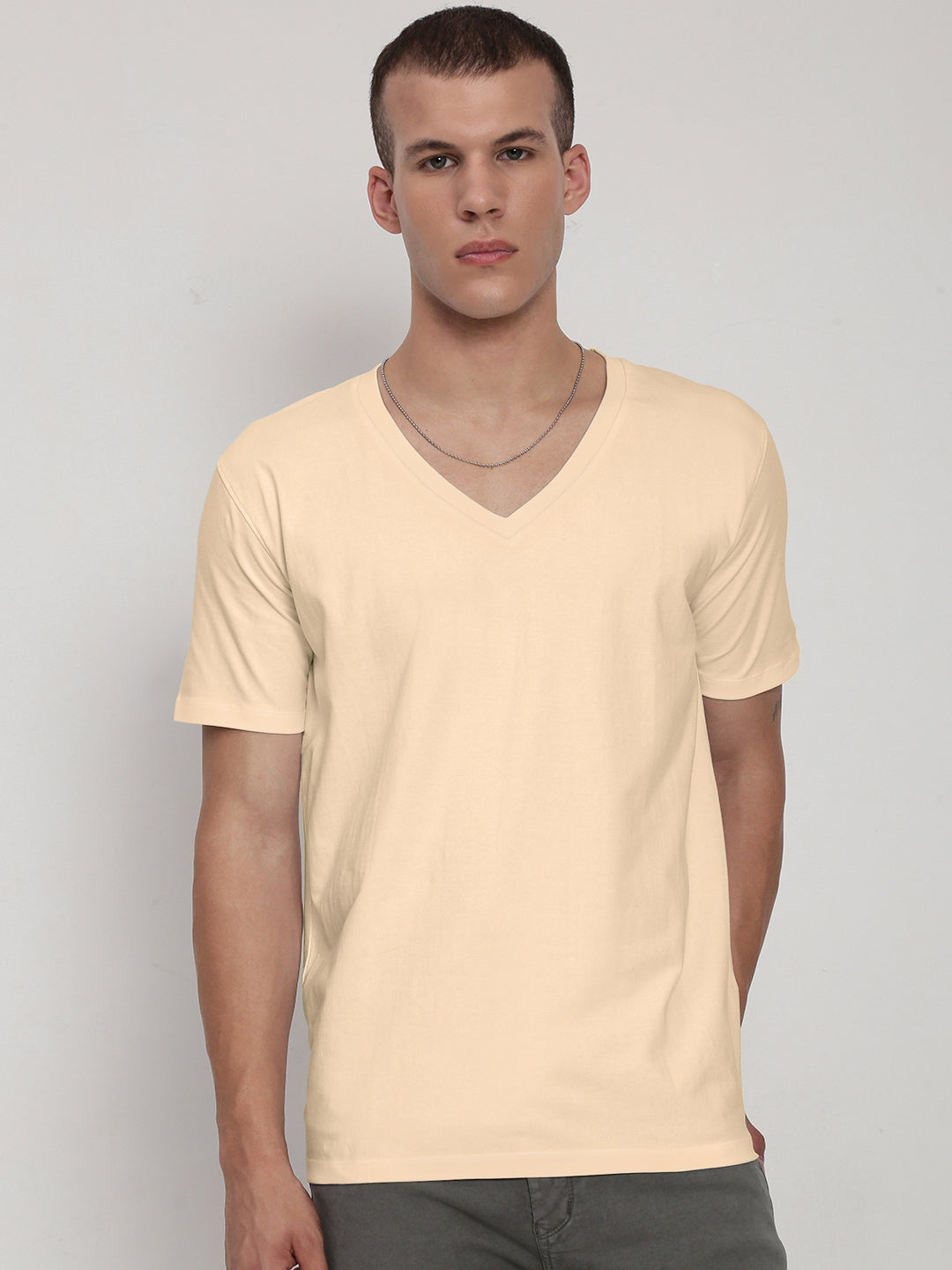 Men's Cream V-Neck Regular Fit T-Shirt