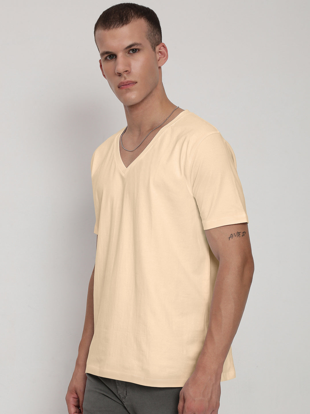 Men's Cream V-Neck Regular Fit T-Shirt