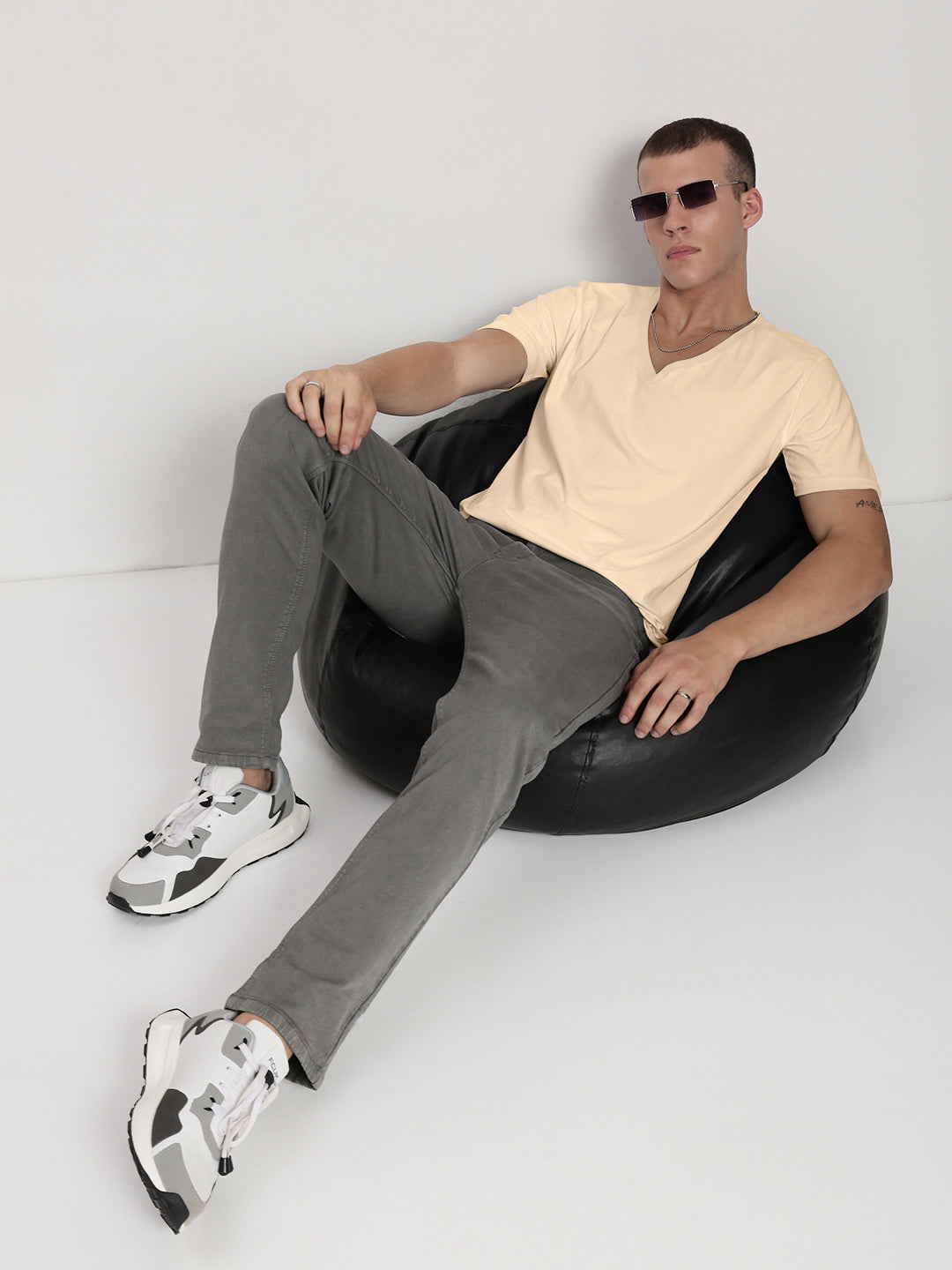 Men's Cream V-Neck Regular Fit T-Shirt