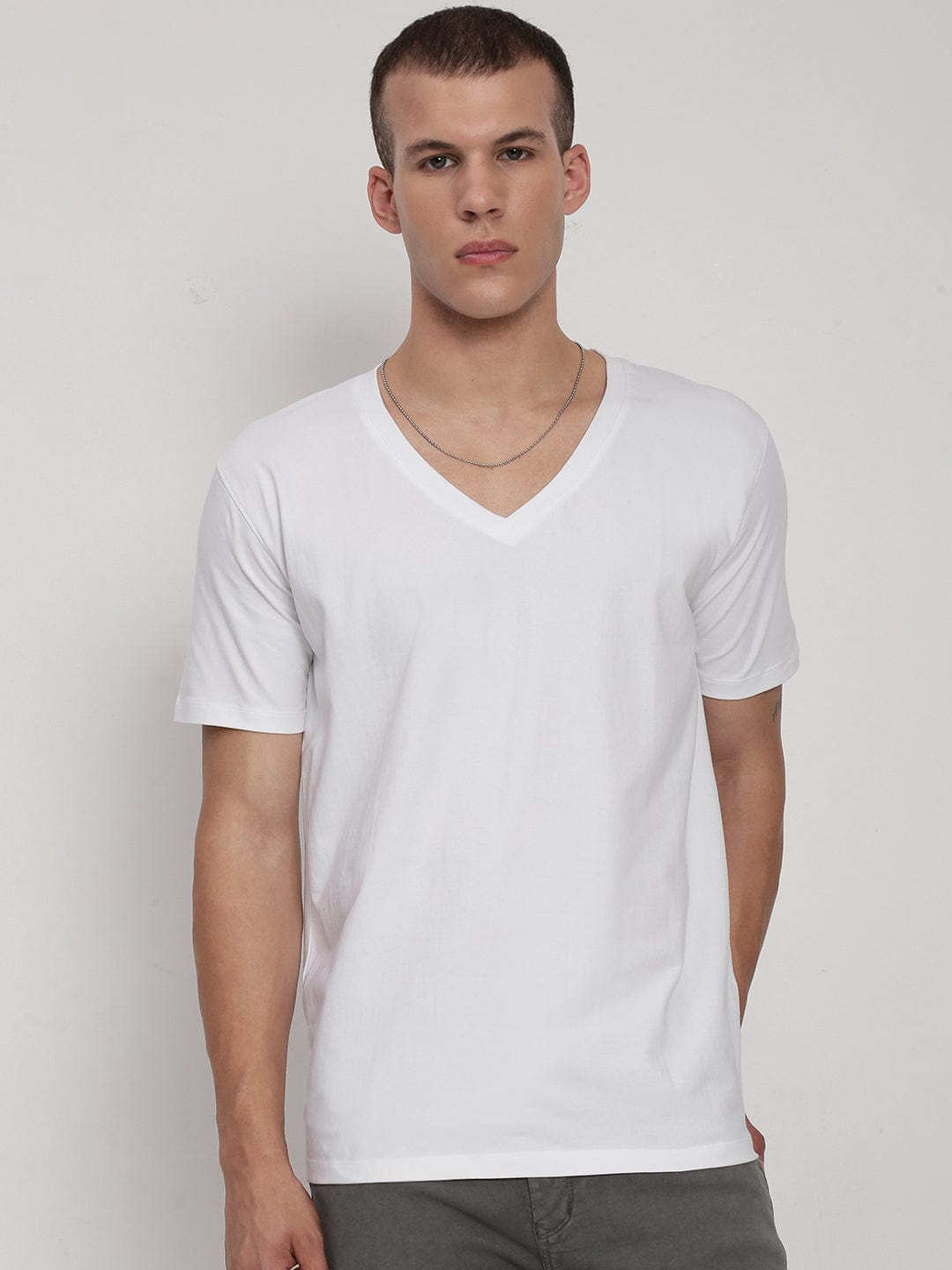 Men's White V-Neck Regular Fit T-Shirt