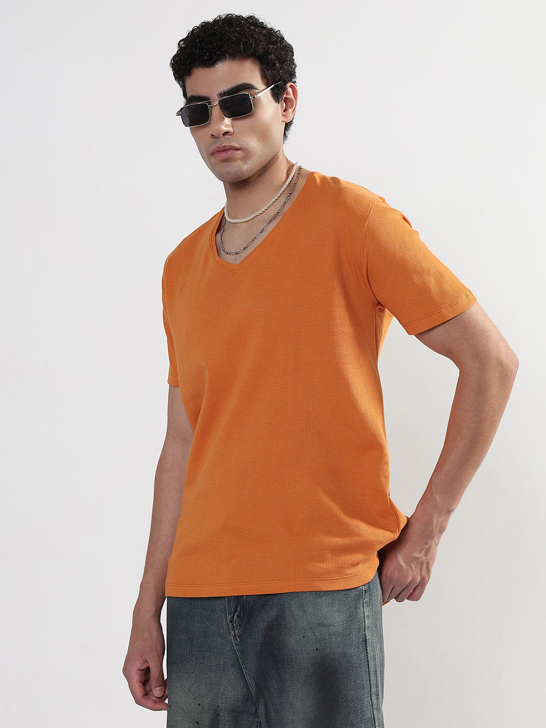 Men's Orange V-Neck Regular Fit T-Shirt