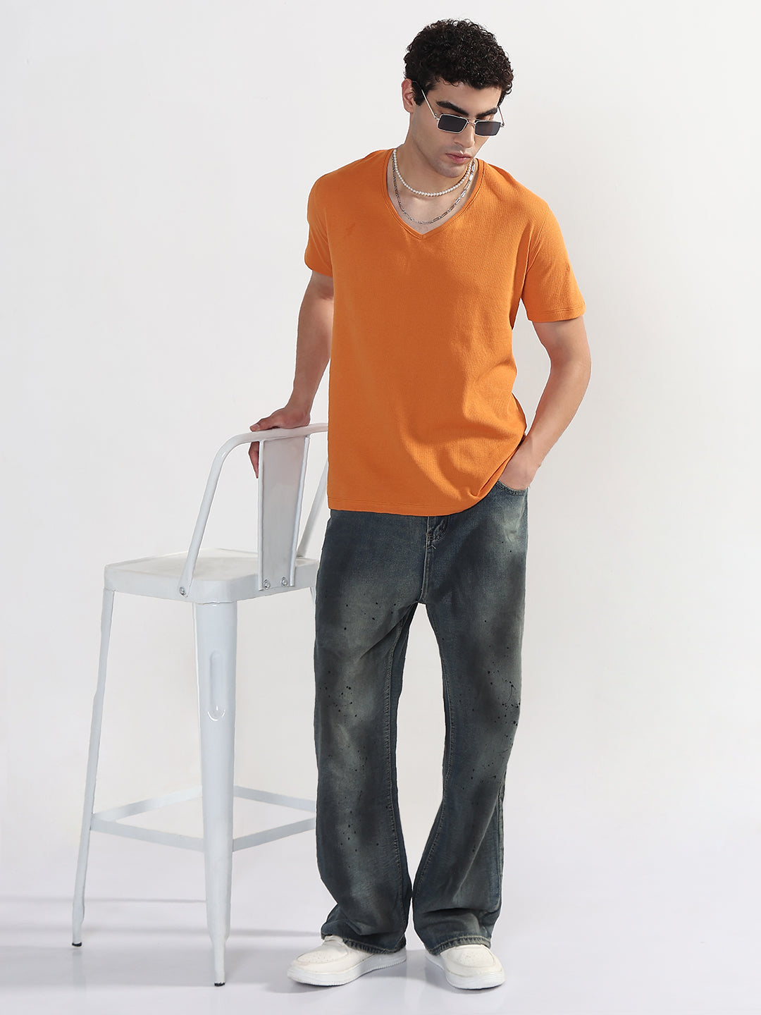 Men's Orange V-Neck Regular Fit T-Shirt