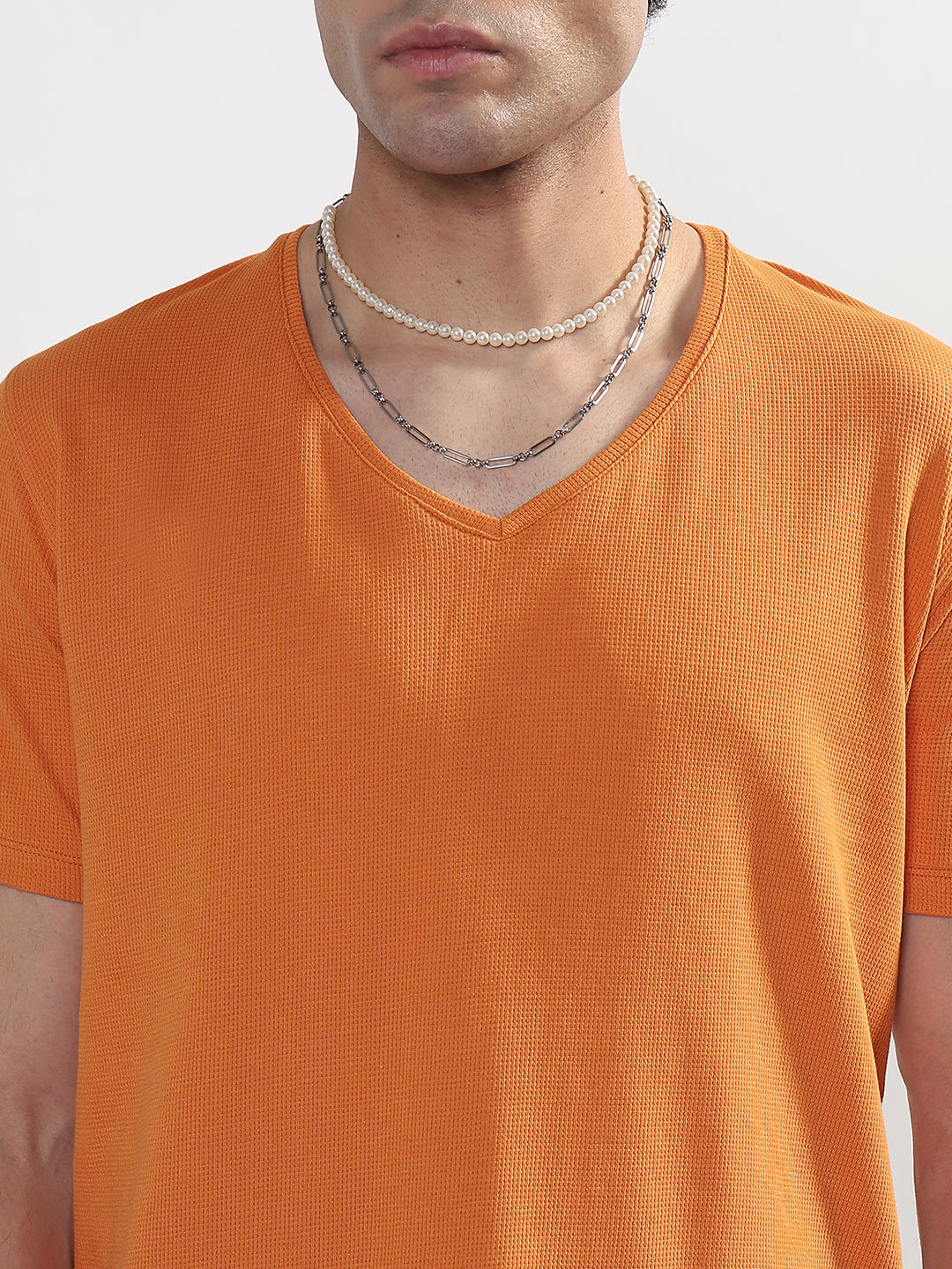Men's Orange V-Neck Regular Fit T-Shirt