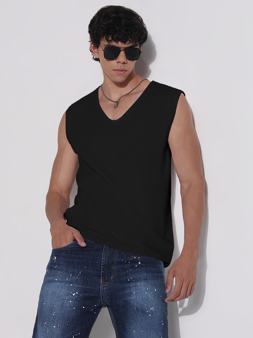 Men's Black V-Neck Vest T-Shirt