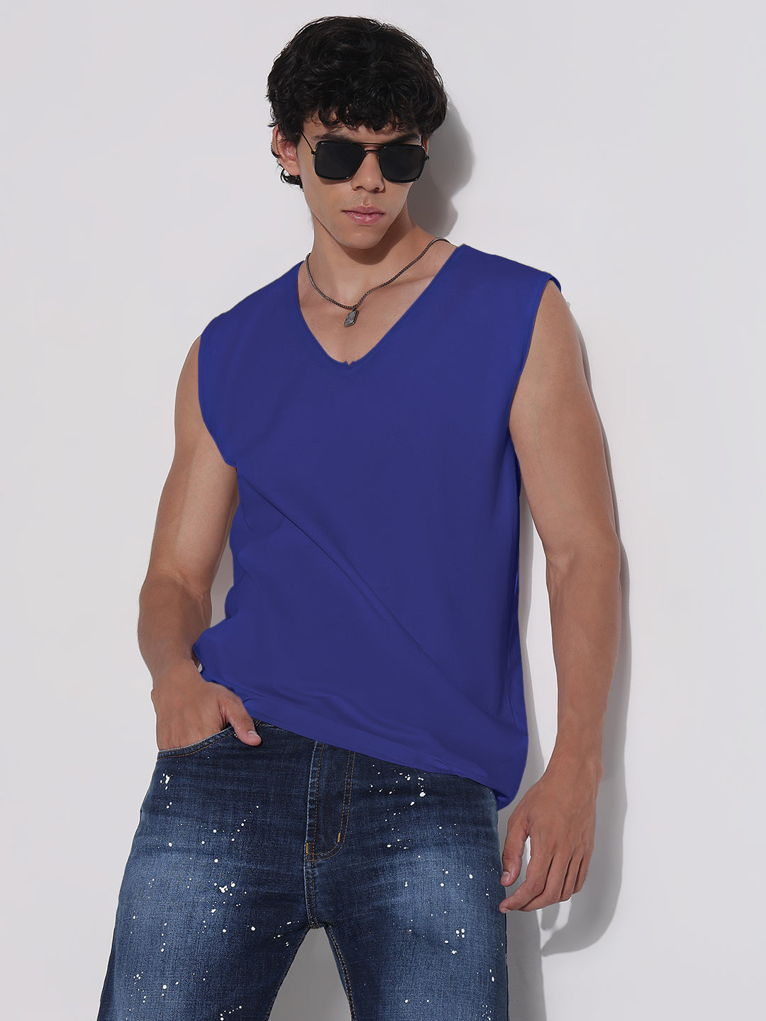 Men's Blue V-Neck Vest Sleeveless T-Shirt
