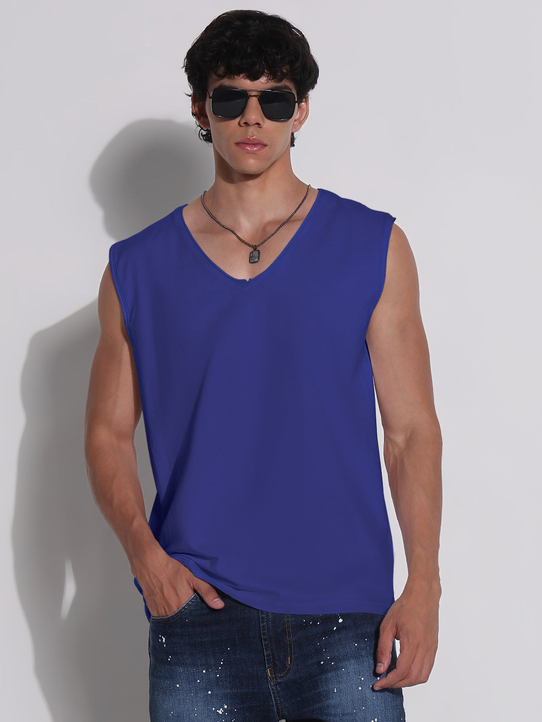 Men's Blue V-Neck Vest Sleeveless T-Shirt