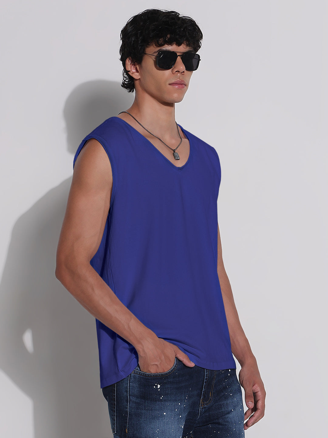Men's Blue V-Neck Vest Sleeveless T-Shirt