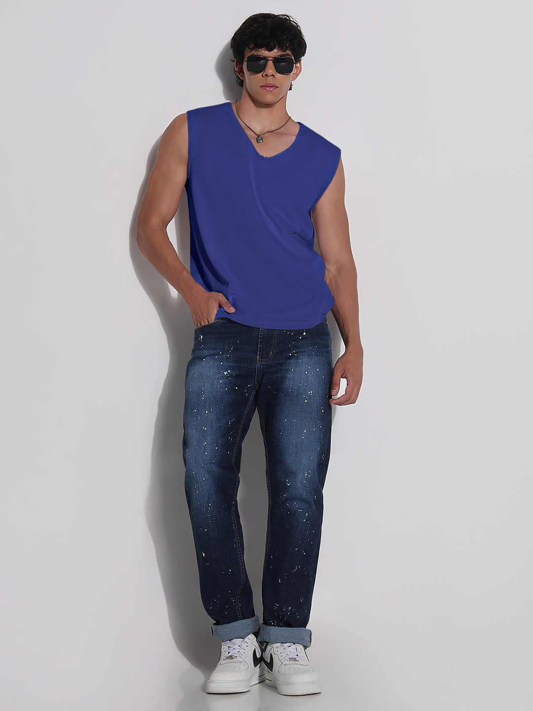 Men's Blue V-Neck Vest Sleeveless T-Shirt