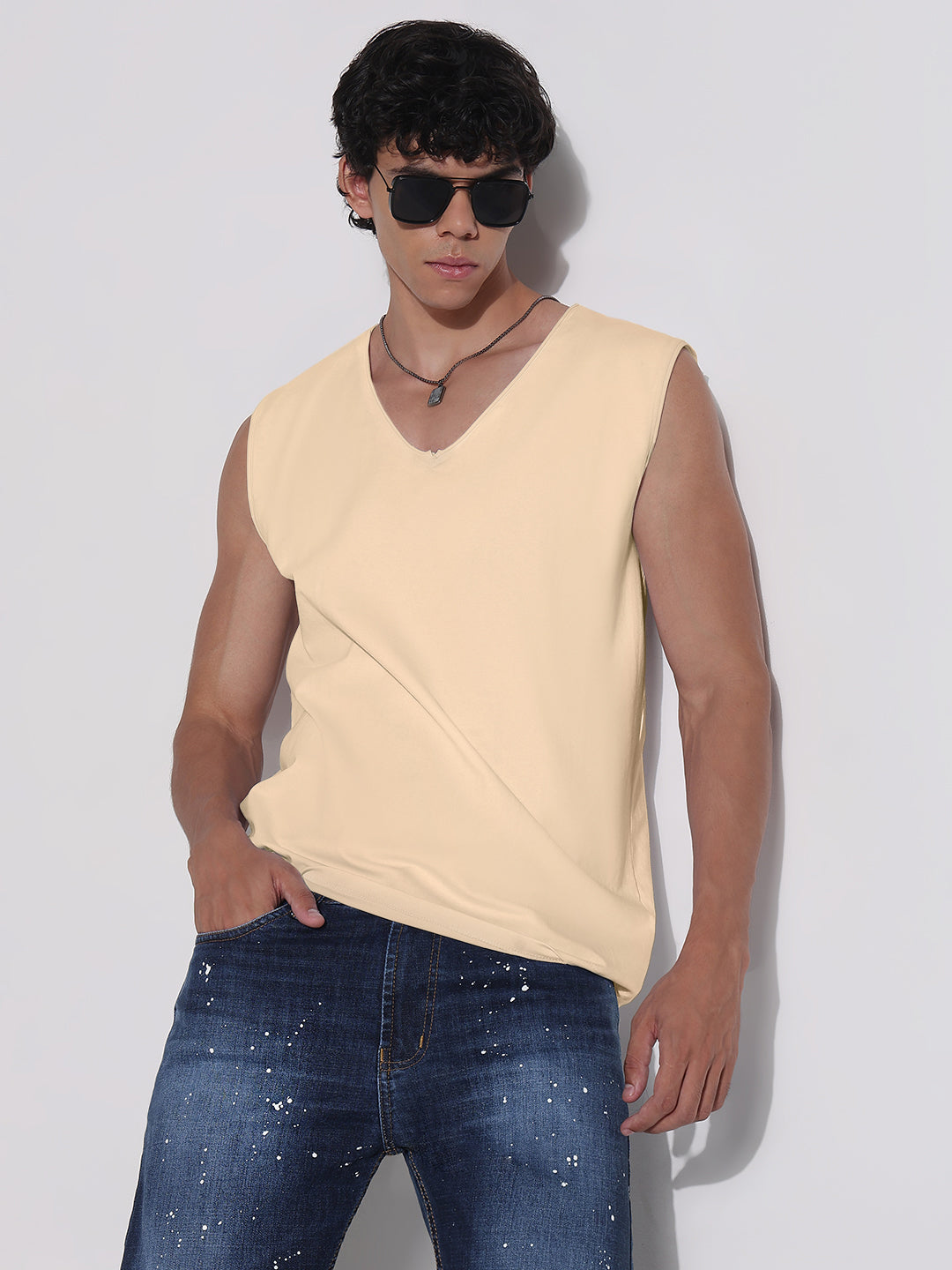 Men's Cream V-Neck Vest Sleeveless T-Shirt
