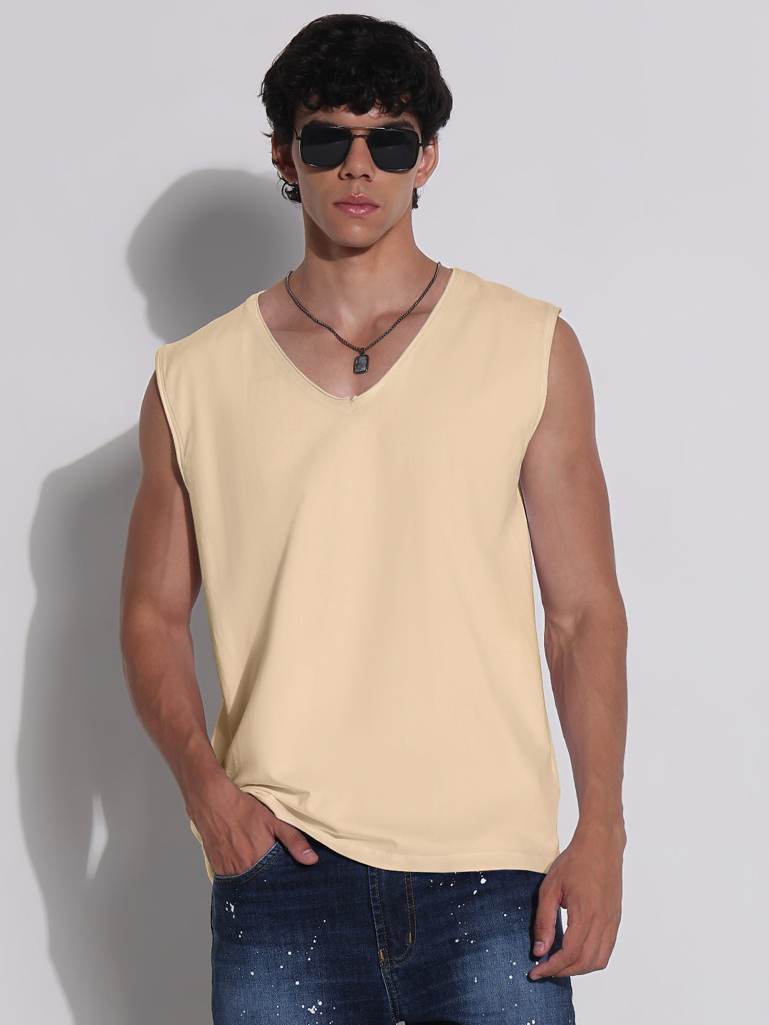 Men's Cream V-Neck Vest Sleeveless T-Shirt