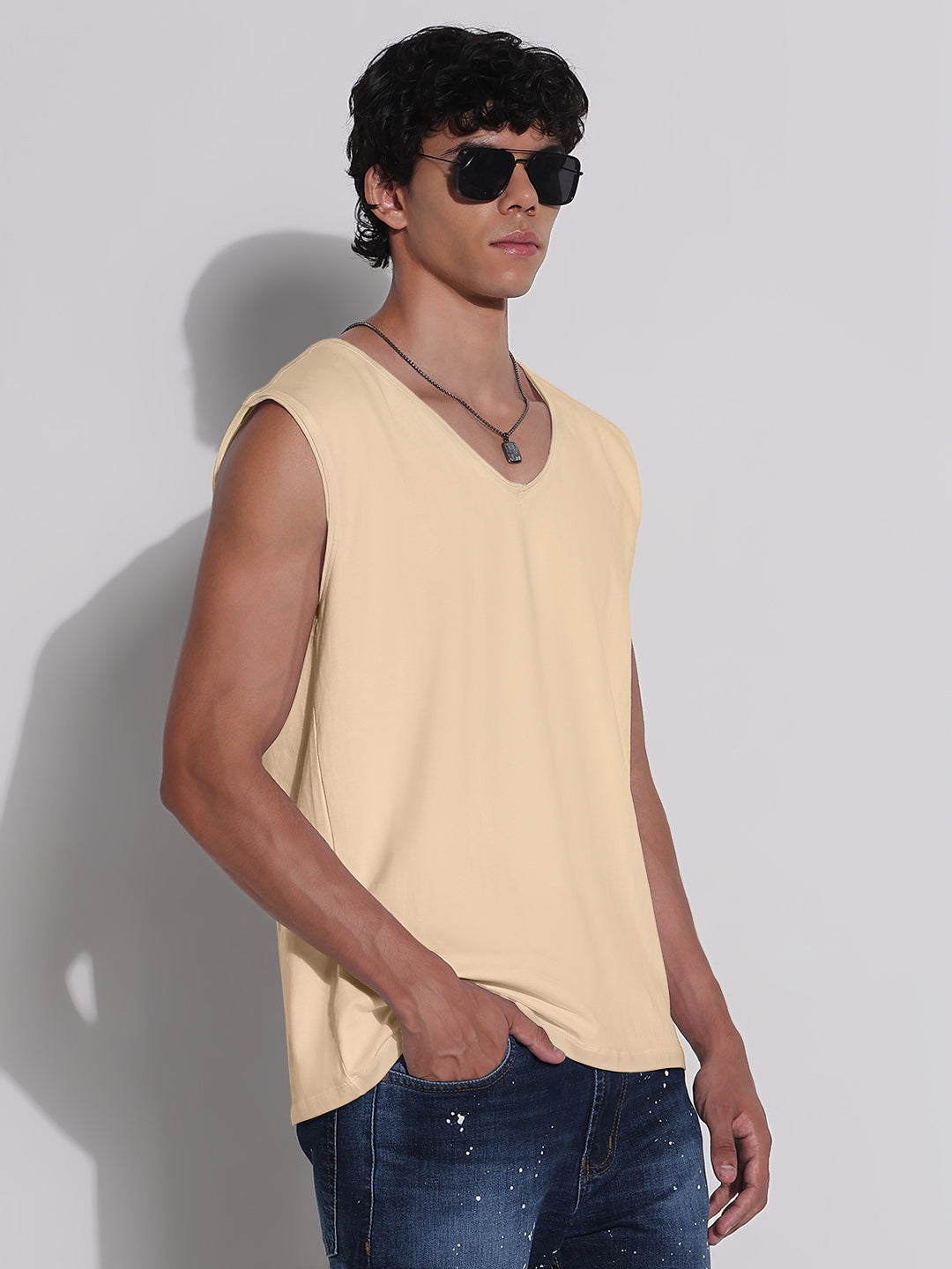 Men's Cream V-Neck Vest Sleeveless T-Shirt