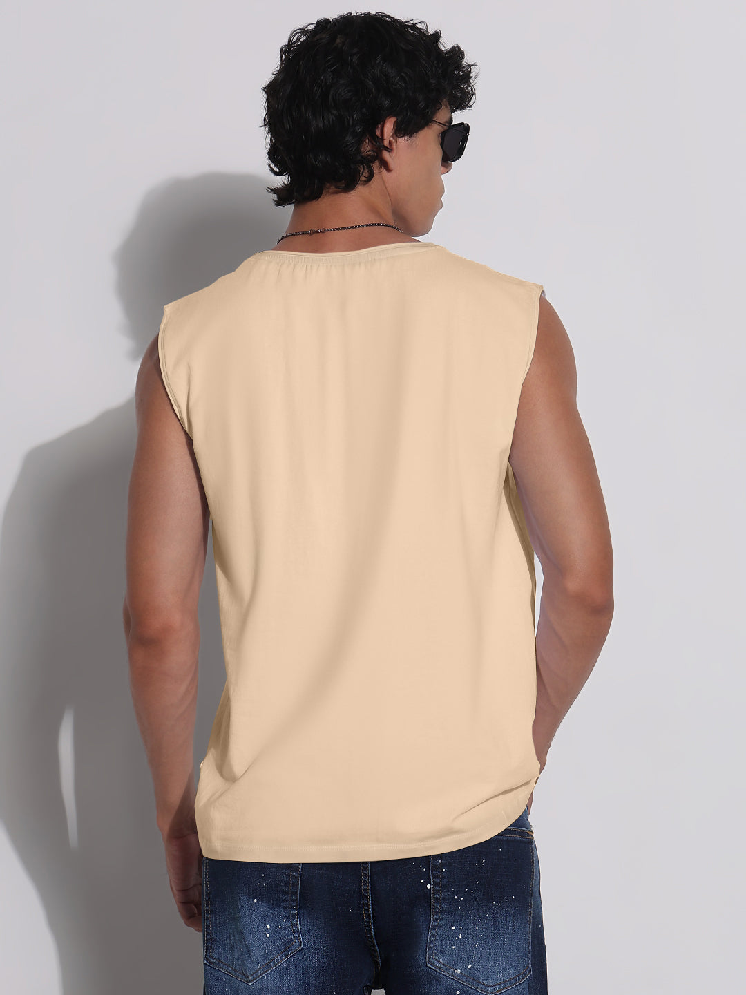 Men's Cream V-Neck Vest Sleeveless T-Shirt