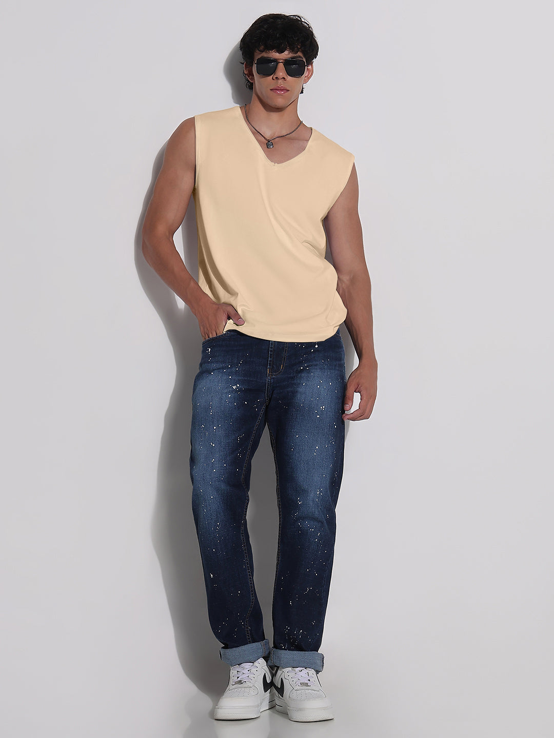 Men's Cream V-Neck Vest Sleeveless T-Shirt