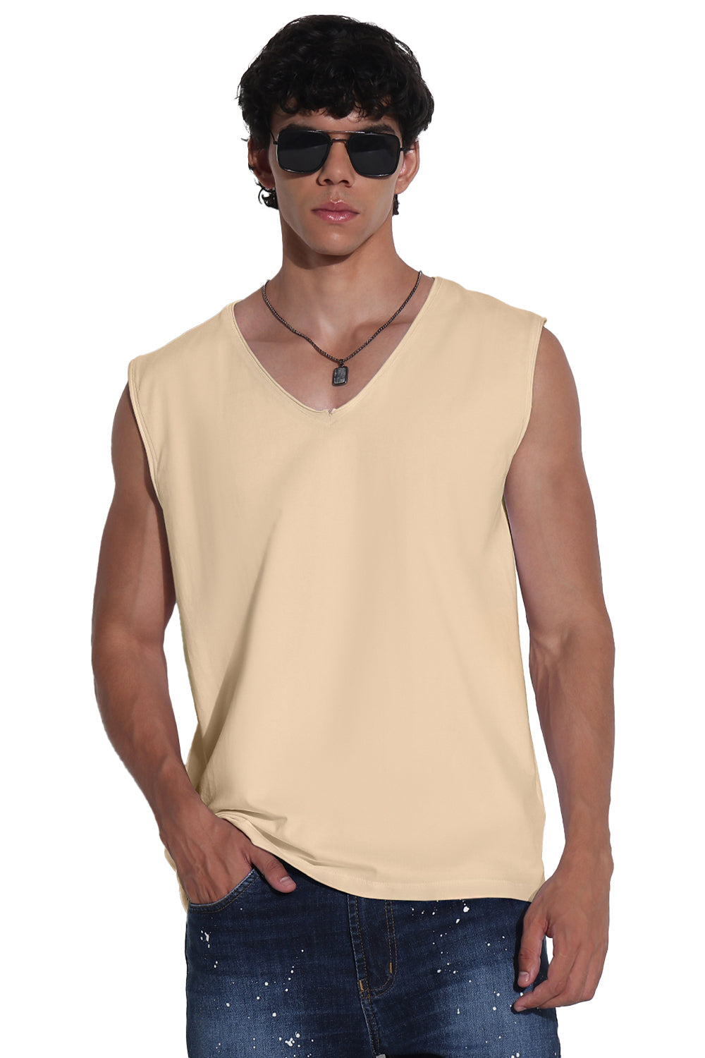 Men's Cream V-Neck Vest Sleeveless T-Shirt